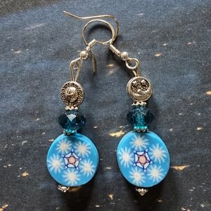 Sun Moon Astrology Fimo CLAY Handmade Blue and Silver S Floral Earrings